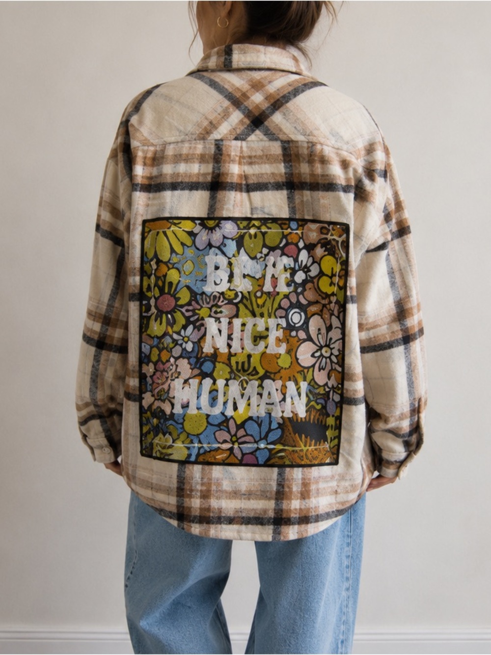 Original upcycled custom flannel shirt graphic tee on back bespoke